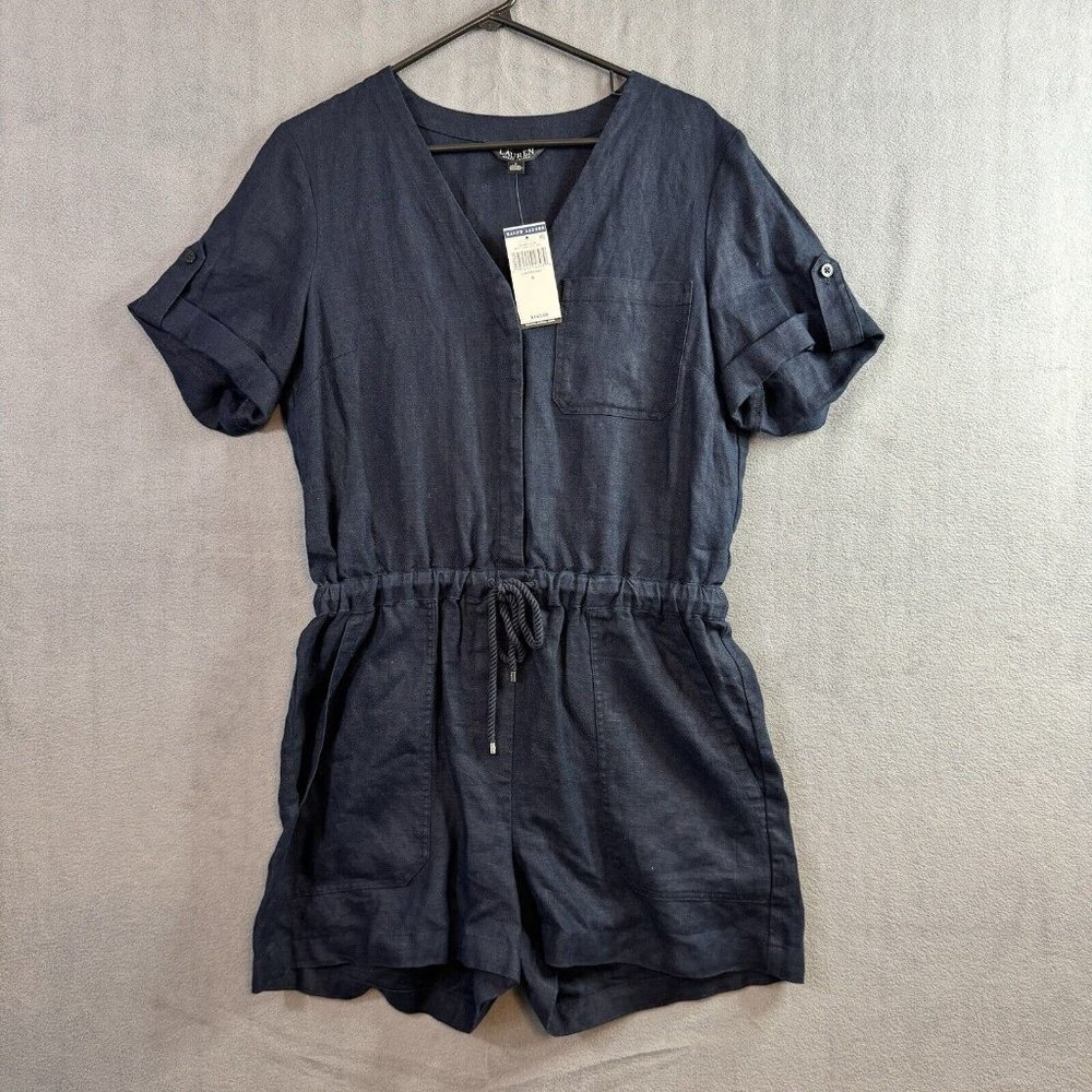 NWT Lauren Ralph Lauren Women Linen Romper Belted Hidden Button Short Sleeve Sz6